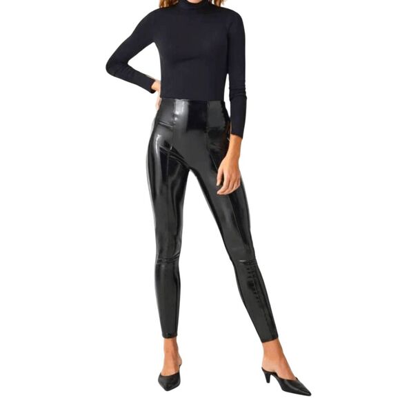 NWOT SPANX Faux Patent Leather Leggings In Black Size Med - Picture 1 of 3